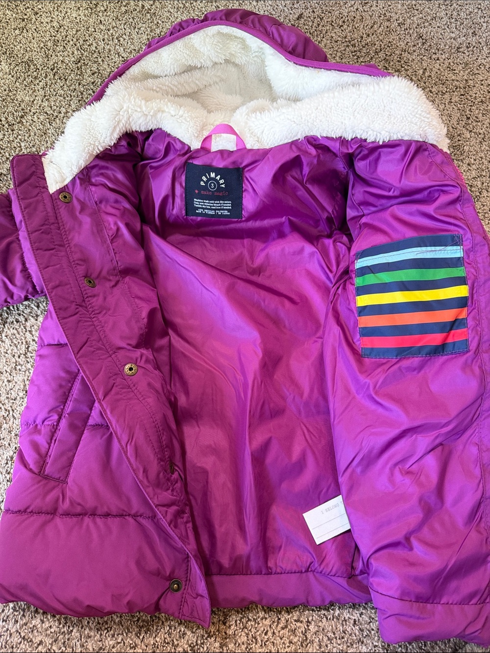 Primary Girls Hooded Puffer Coat in Bright Purple - Picture 3 of 3